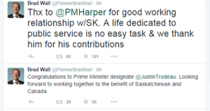 Screenshot of Brad Wall's federal election tweets.